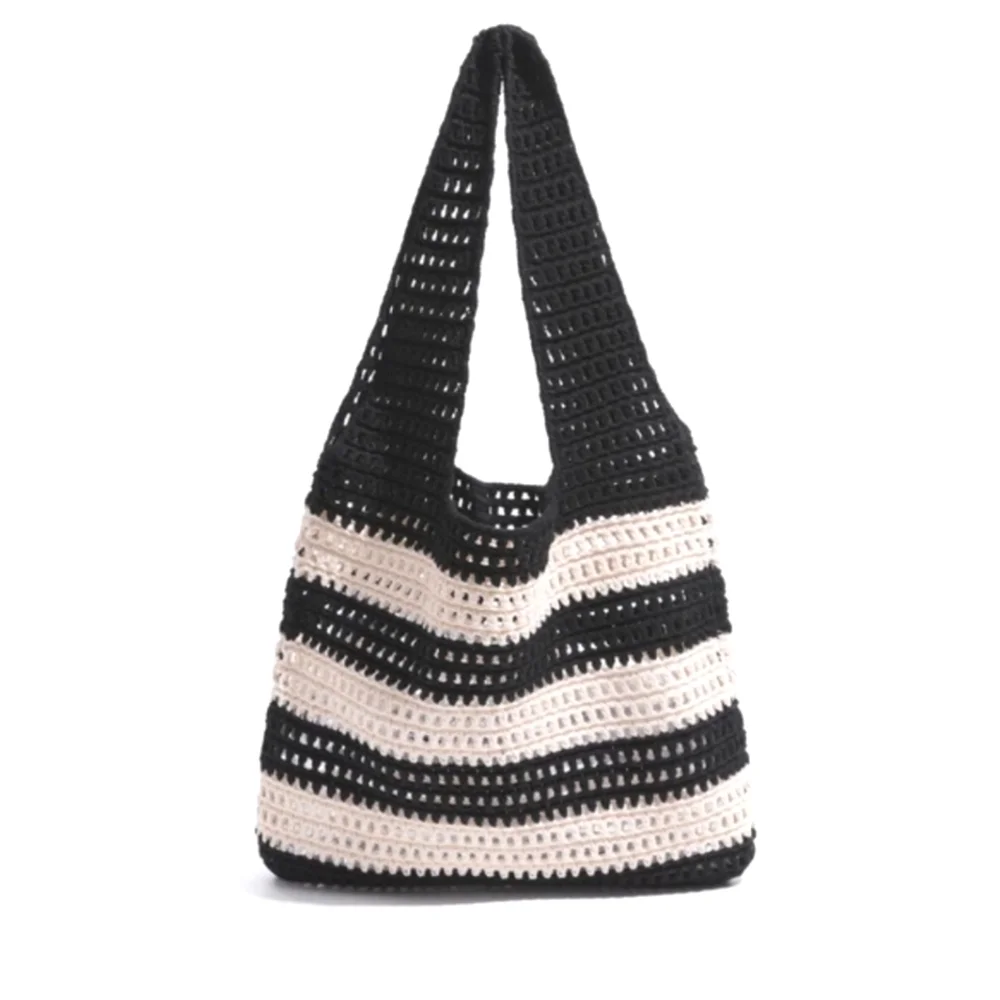 Hobo Black/Cream Stripe Crochet Knit Bohemian Tote Handbag,Large,NWOT